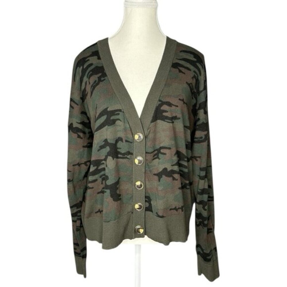 Sanctuary Womens Camo V-Neck Button Front Cardigan Sweater Olive Green‎ Large